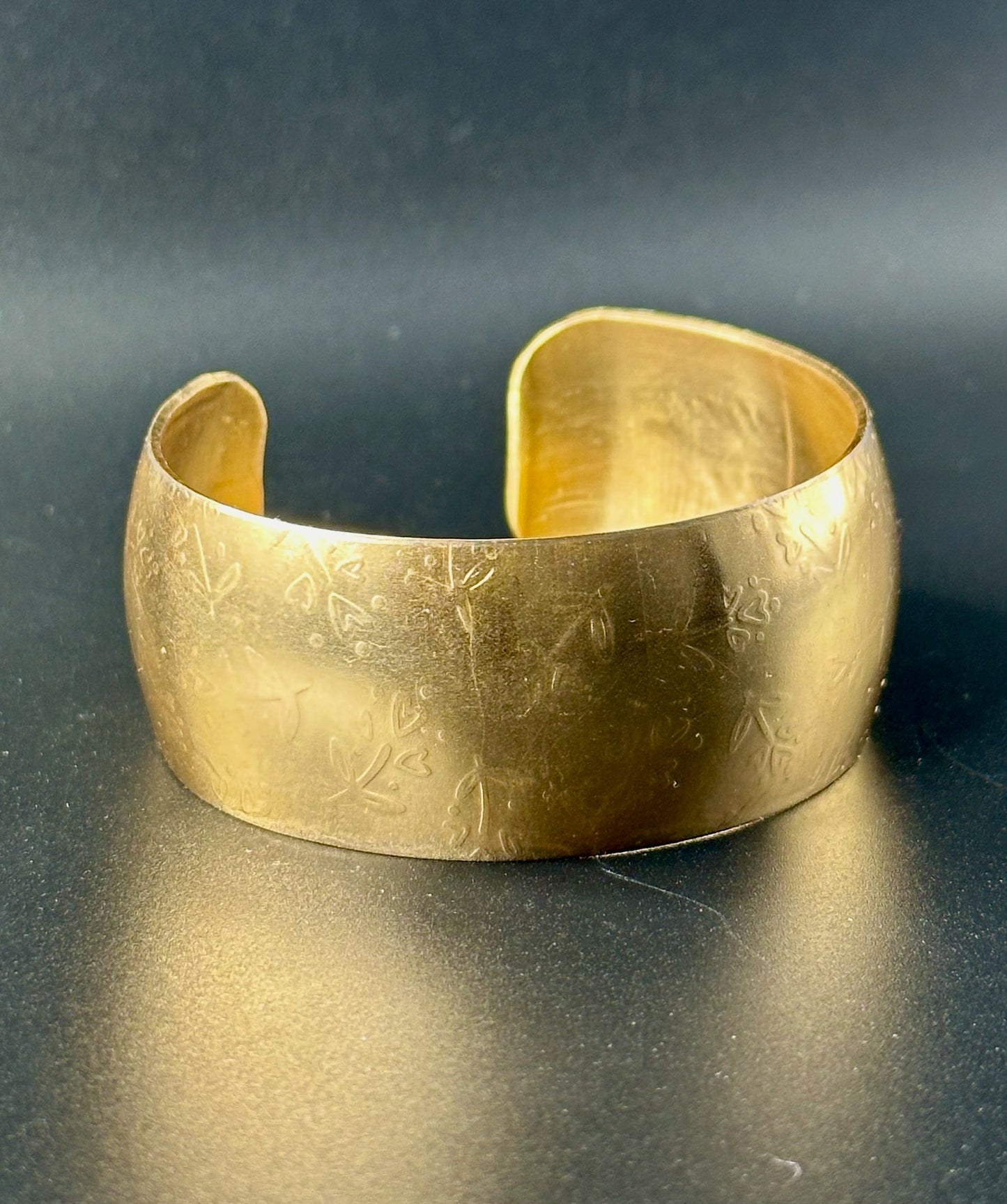 Brass Cuff Bracelet - Heart Flowers
